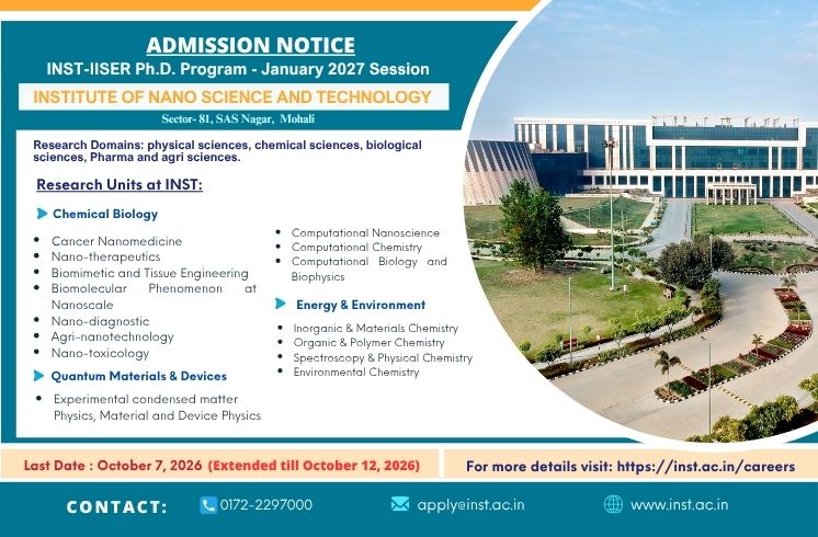 Latest update: Admission To The INST-IISER Ph.D. Program - January 2027 (Last date extended till 12 Oct, 2026)